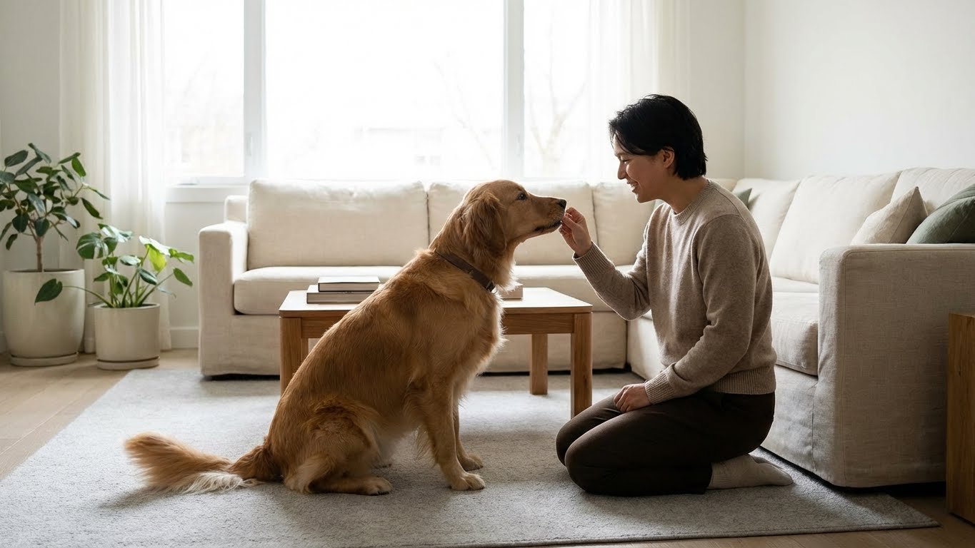 A calm, modern image of a person connecting with their dog during training