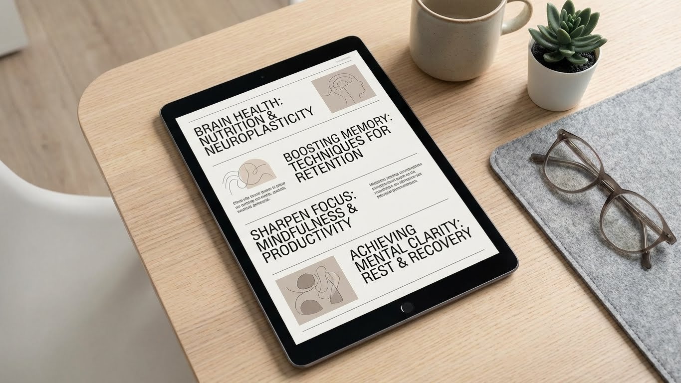 Editorial-style display of brain health articles and cognitive wellness research