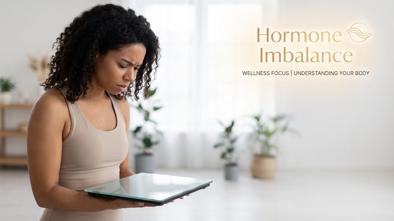 Woman frustrated with stubborn belly fat, glowing hormone icons