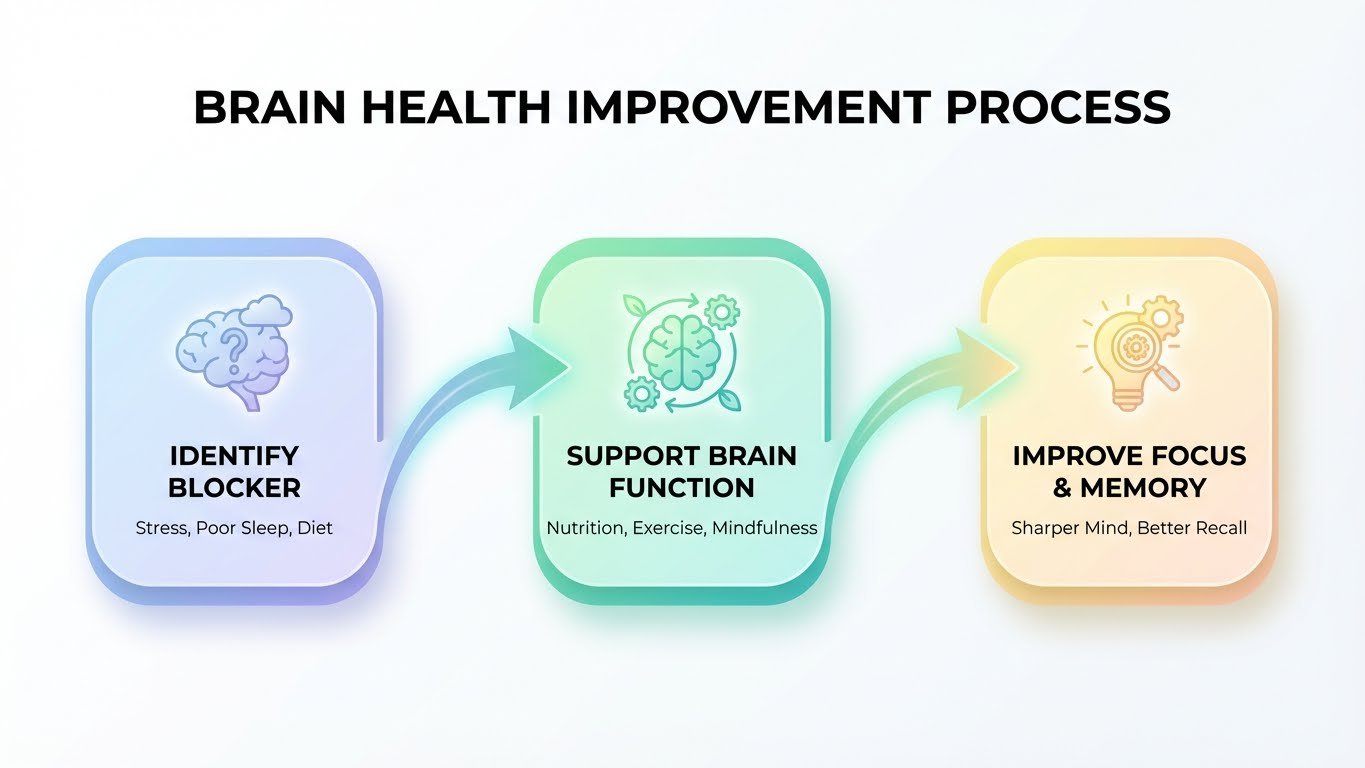 Step-by-step flowchart showing holistic approach to brain health and cognitive wellness