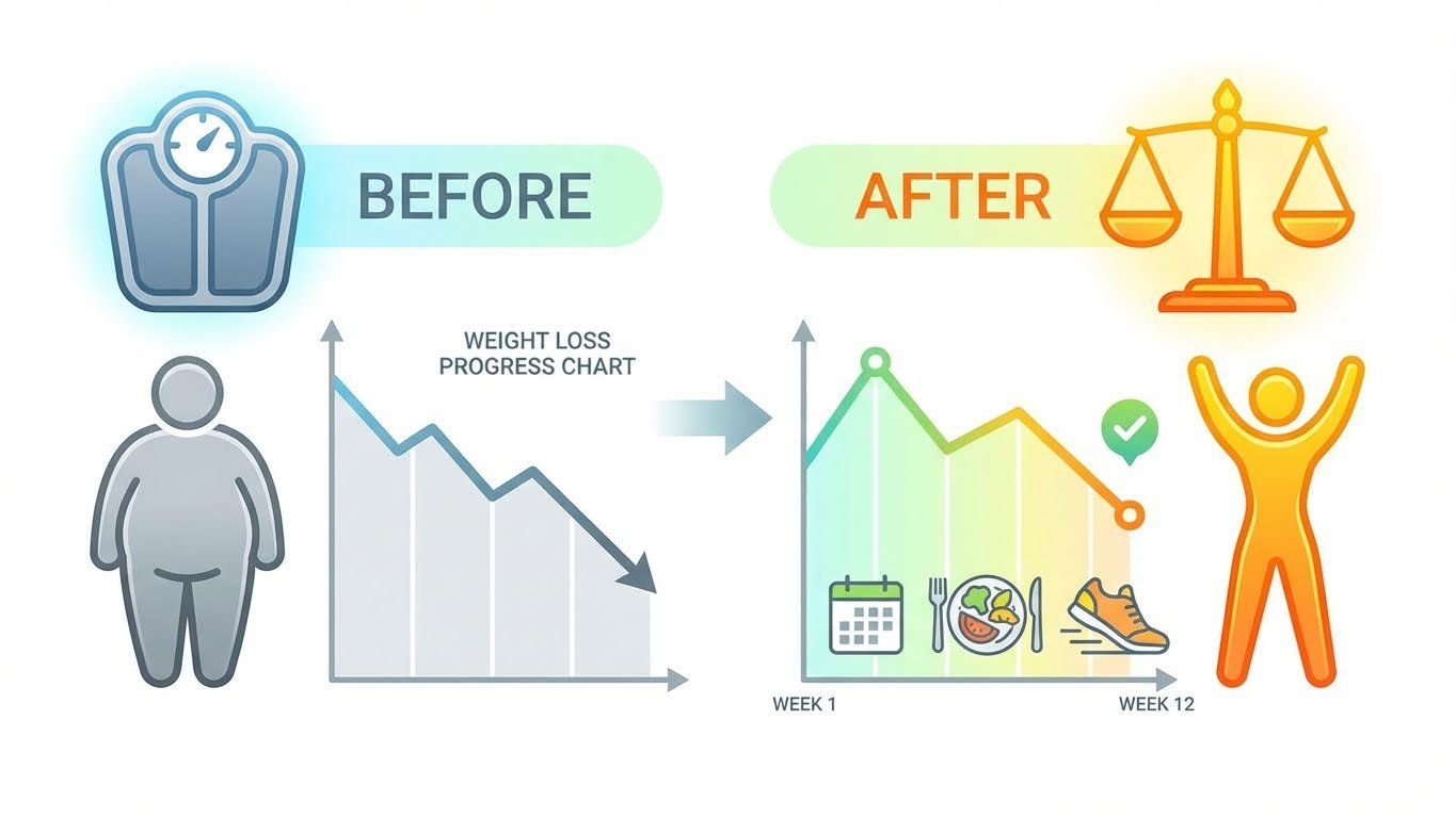 Before-after transformation concept illustration, symbolic weight loss progress chart