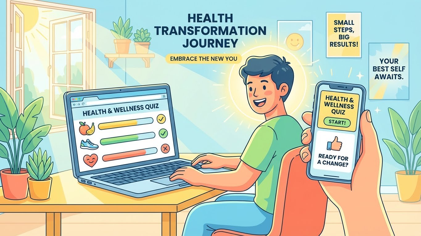 Bright motivational illustration of a person taking an online quiz on a laptop or phone