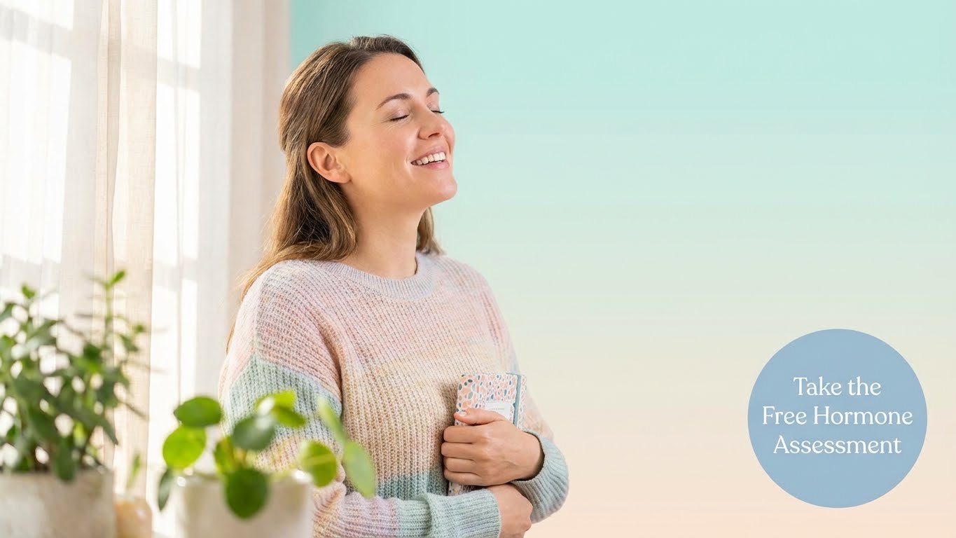 Bright positive wellness-style illustration of someone taking a quiz