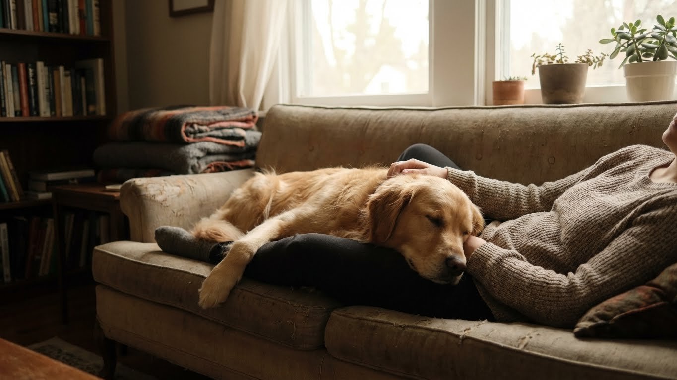 Calm, reassuring image of a person and dog enjoying a peaceful moment together
