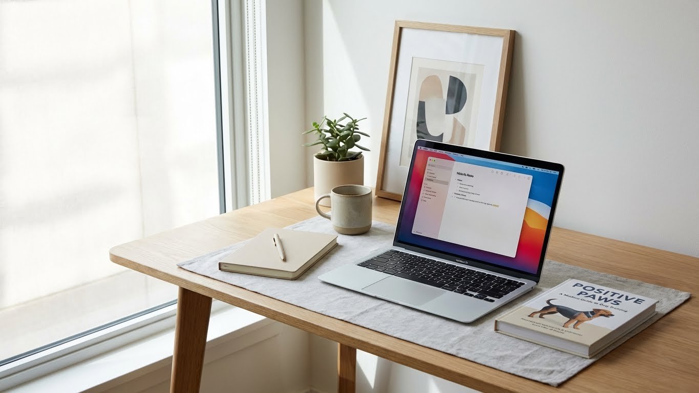 Clean editorial-style desk with dog training books and resources