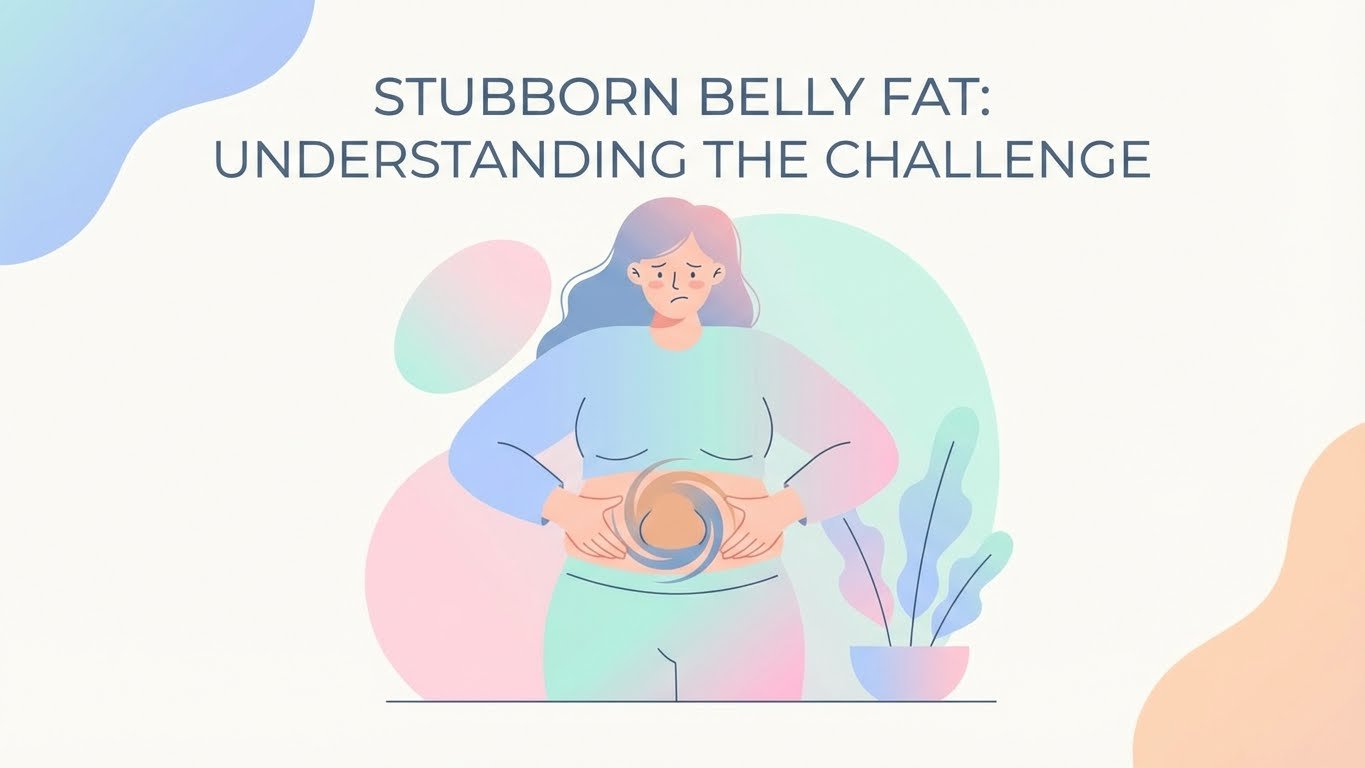 Woman touching her belly with a frustrated expression, illustrating stubborn belly fat