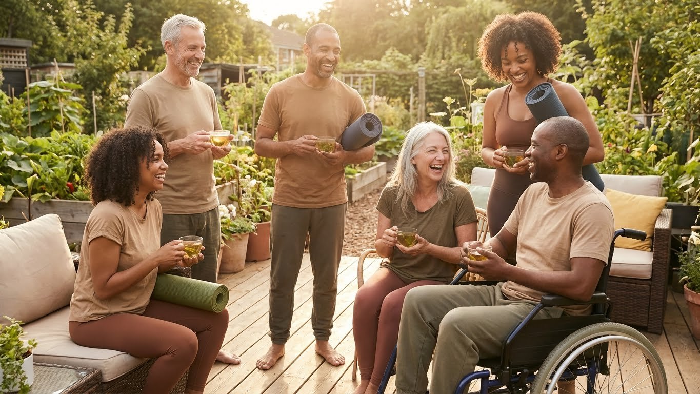 Diverse group of people engaging in positive conversation about wellness and lifestyle