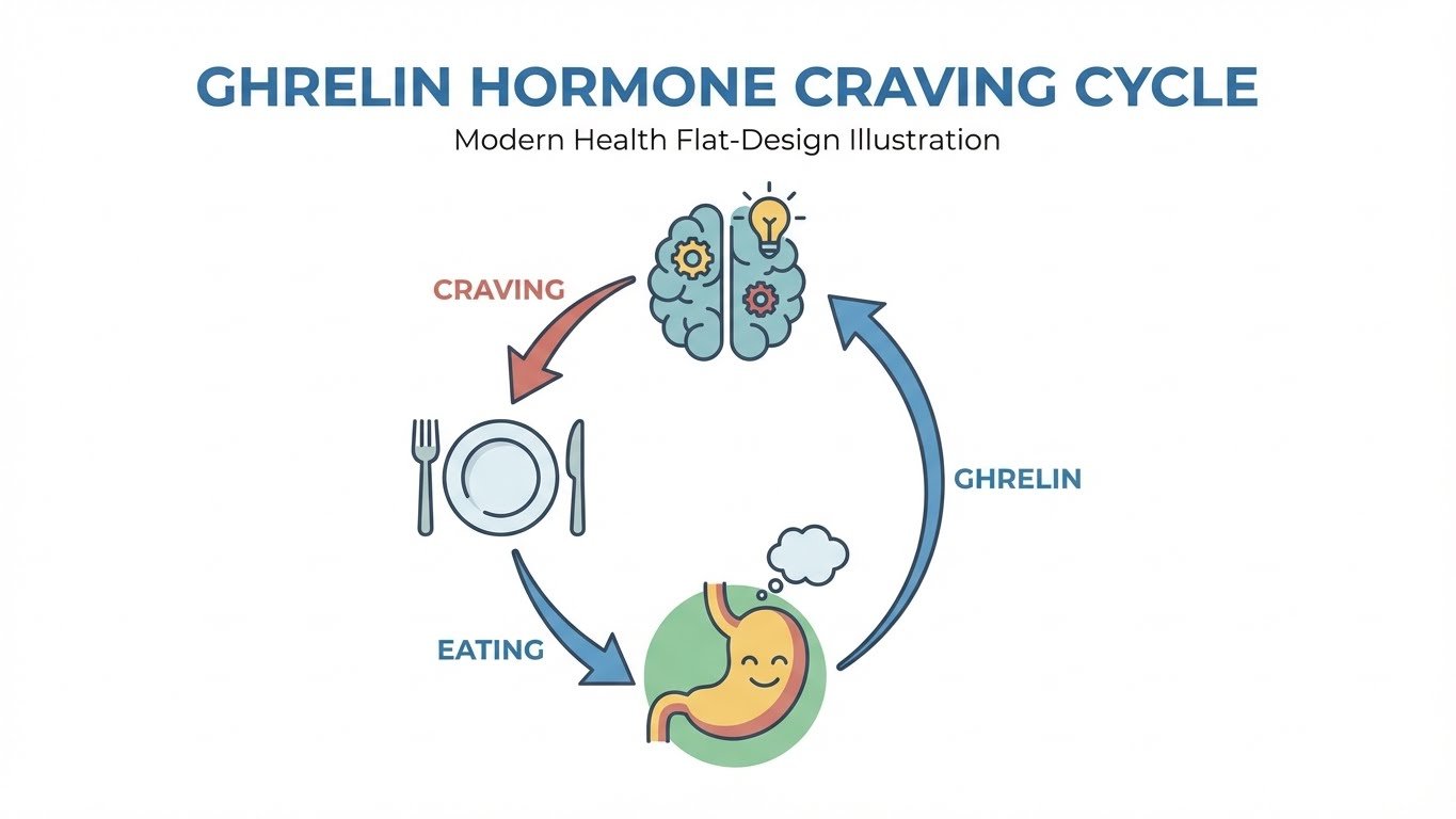 Ghrelin hormone craving cycle illustration, stomach icon sending signals to brain
