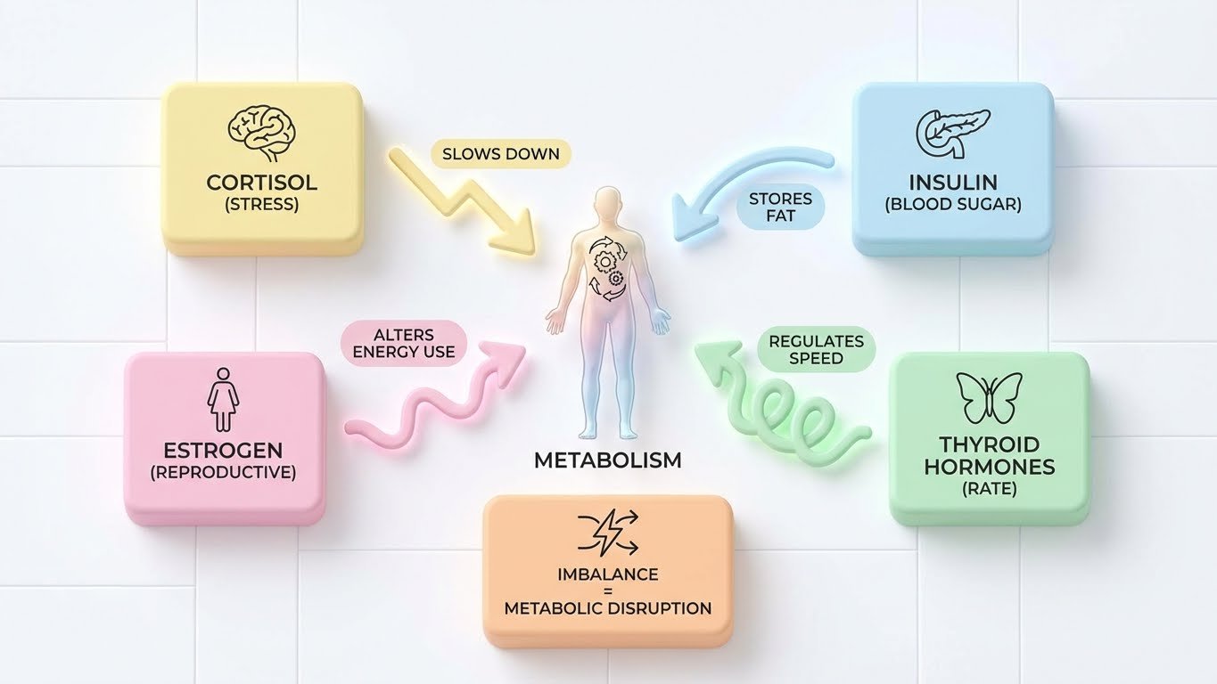 High-quality 3D style infographic of hormones controlling fat loss