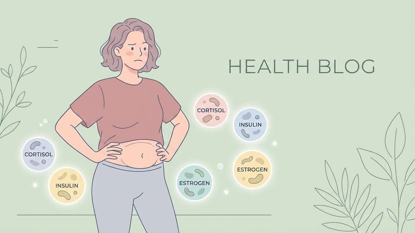 Woman frustrated with stubborn belly fat, glowing hormone icons