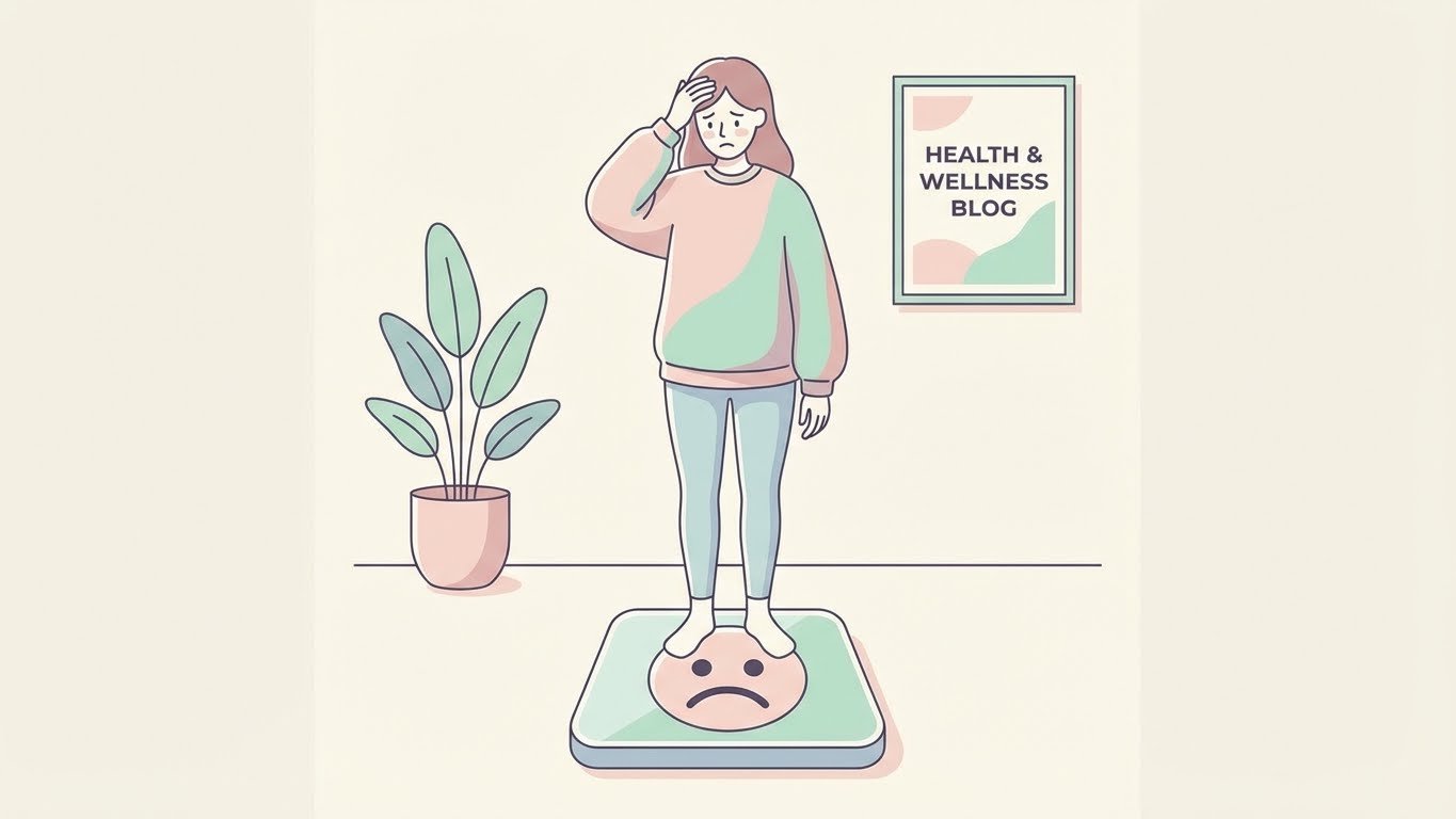 Frustrated woman checking her weight on a scale, pastel colors, clean design
