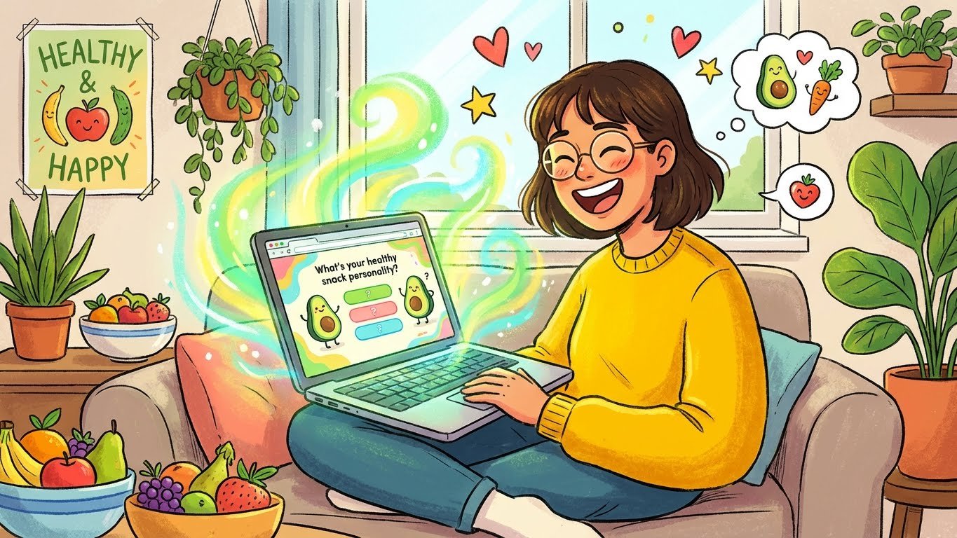 Cheerful illustration of someone taking an online quiz on a laptop, bright and motivational