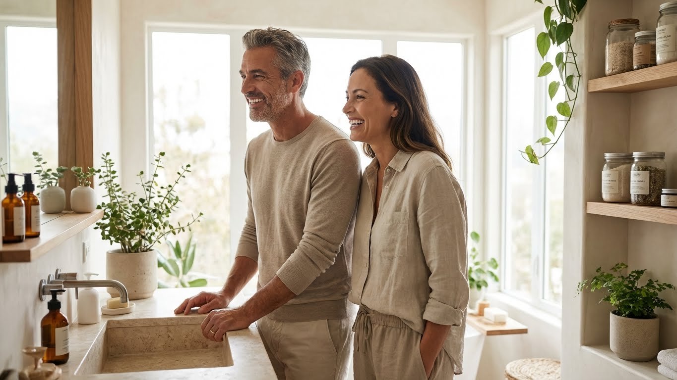 A calm, modern bathroom setting with oral care products, representing thoughtful daily routine