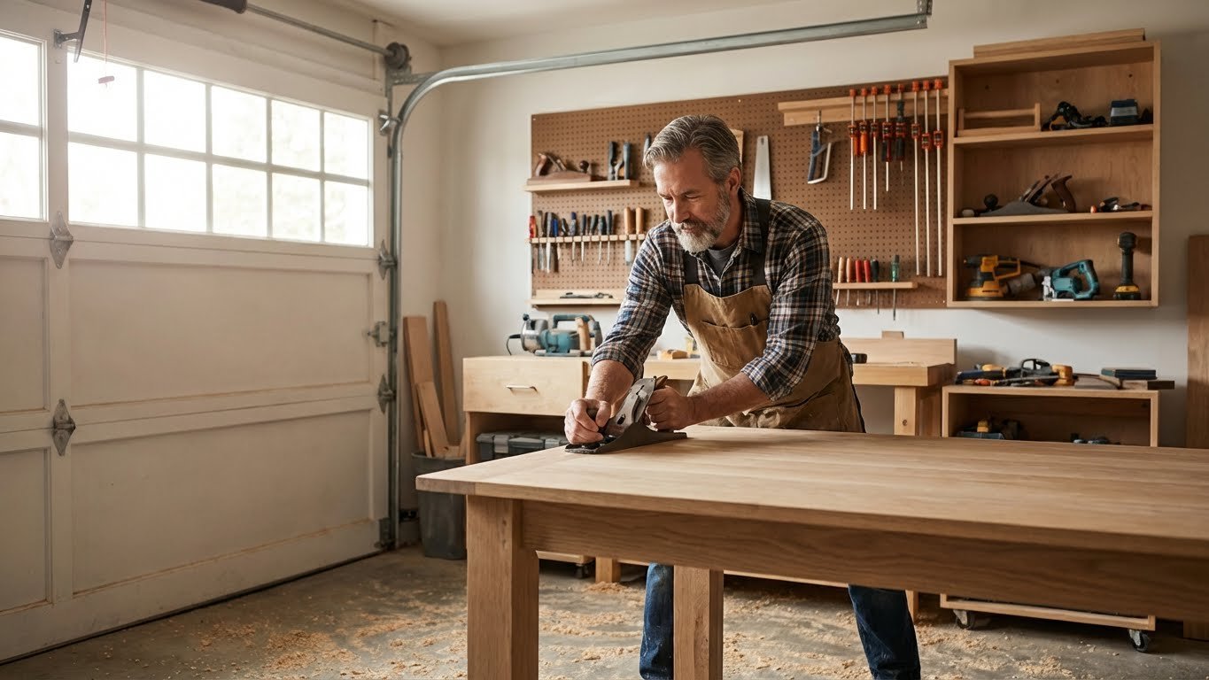 A calm, modern woodworking workshop with tools and materials organized neatly