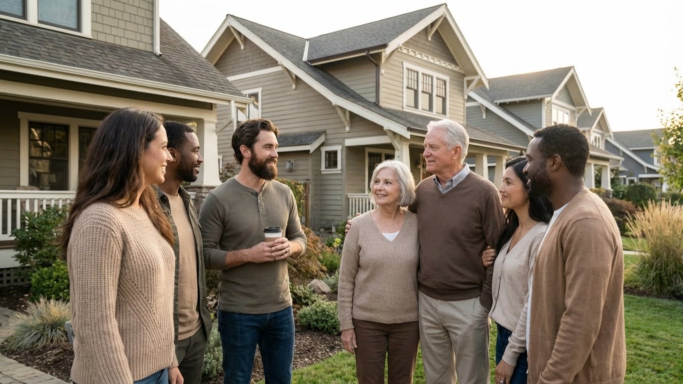 Diverse group of homeowners discussing property care and maintenance in a friendly setting