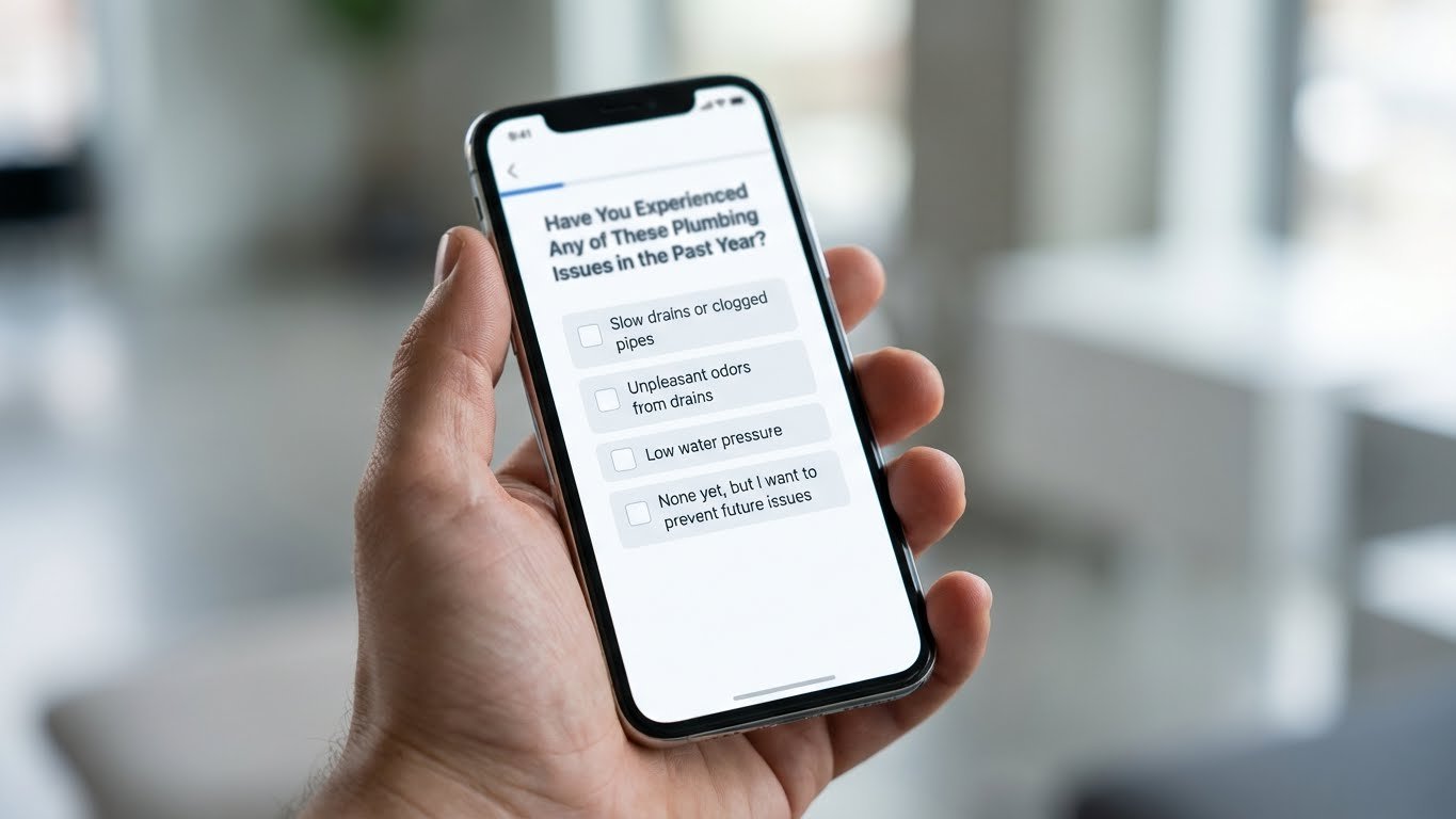 Realistic smartphone held in hand showing a simple plumbing assessment quiz interface